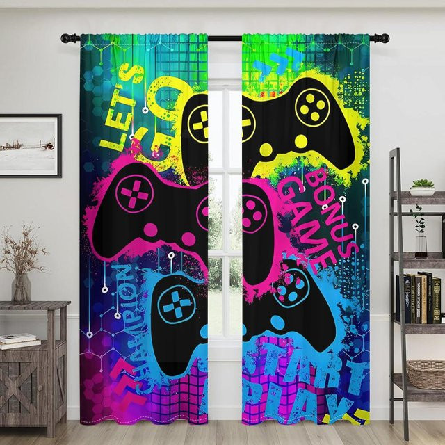 2er-Set Vorhänge mit Gamecontroller-Motiv und Neontext, halbtransparent, Mehrfarbig, B: 150 cm, H: 166 cm - Bild 1