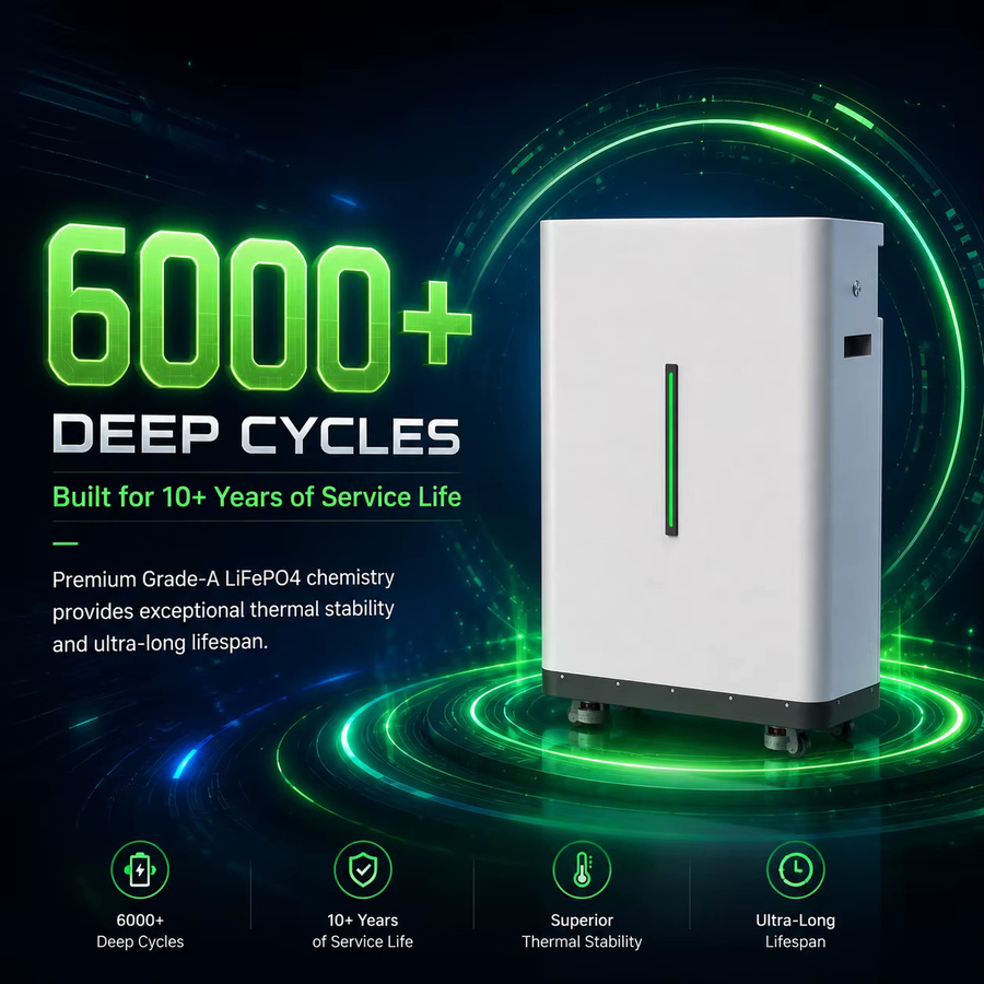 CERRNSS LiFePO4 Solarbatterie 51.2V 100Ah 5kWh mit aktivem Equalizer BMS und mobilen Rädern in Weiß - Bild 4