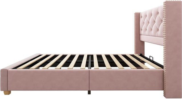 KOMHTOM Polsterbett aus Samt mit Kopfteil und Lattenrost in Rosa, B/T/H: 90 x 200 x 108 cm - Bild 1