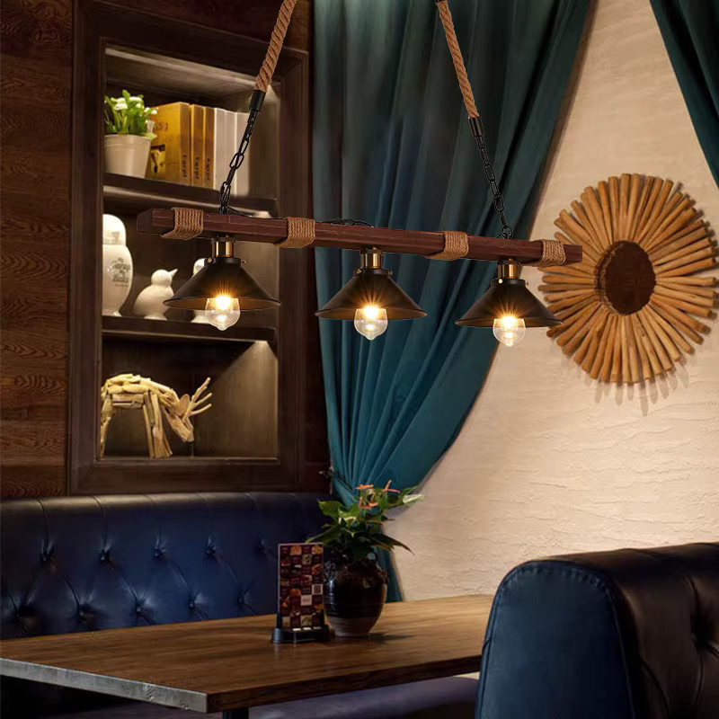 Vecli Retro Kronleuchter aus Massivholz und Hanfseil im Industrial Design, 3-flammige Pendelleuchte in Schwarz für Küche, Esszimmer oder Café - Bild 4
