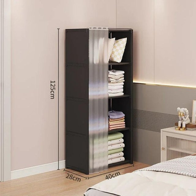 Multifunktionales 5-lagiges Lagerregal als staubdichter Kleiderschrank mit Vorhängen in Schwarz - Bild 1