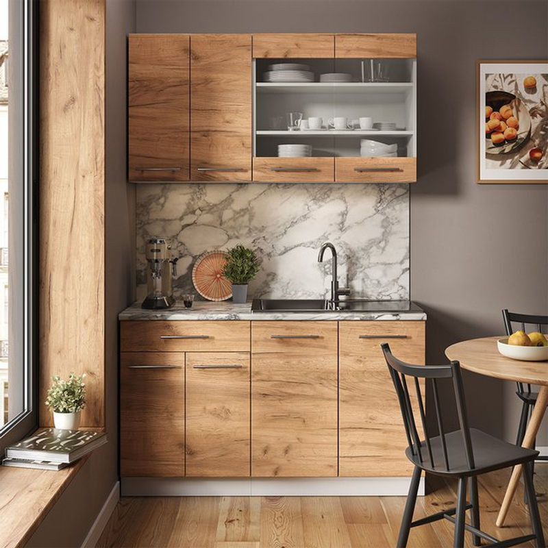 Vicco Singleküche Fame-line Küchenzeile in Goldkraft Eiche und Weiß mit Marmor-Optik, Breite: 140 cm - Bild 1