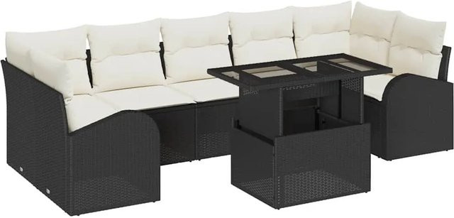 vidaXL 8-teiliges Garten-Sofa-Set aus Polyrattan in Schwarz mit Kissen und Couchtisch - Bild 1