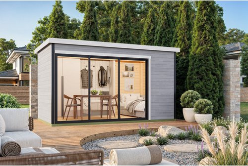Holz-Gartenhaus Lasita Austin mit Flachdach in Lichtgrau, B/H/T: 439,6 x 239,4 x 259,6 cm - Bild 1