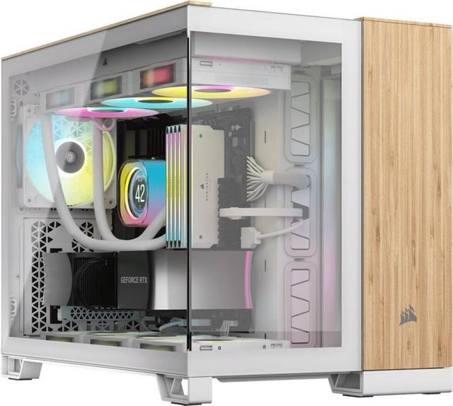 Corsair 2500X Mid Tower Gehäuse in Weiß mit Bambus-Holzakzenten und Glas-Seitenteil für Micro ATX - Bild 1