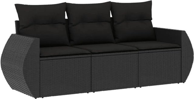 vidaXL 3-tlg Garten-Sofagarnitur aus Poly-Rattan in Schwarz mit Kissen und Armlehnen - Bild 1