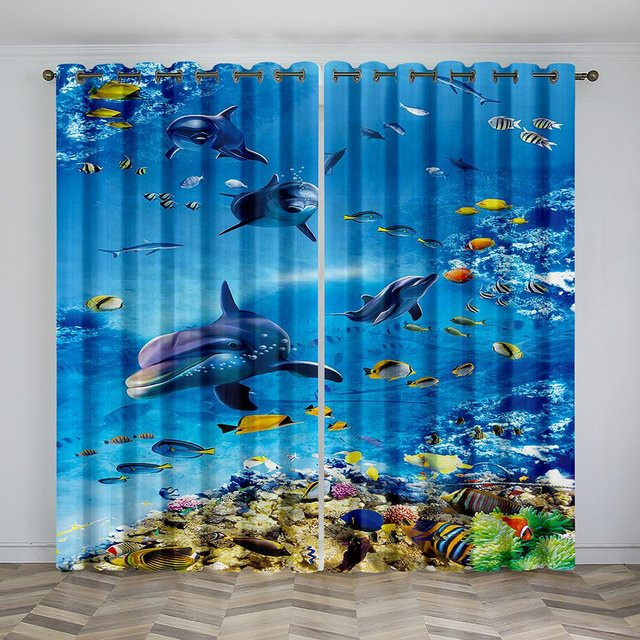 Delfin Unterwasser Meereswelt Vorhänge Blau, 2er Set halbtransparent mit Ösen, B: 50 cm, H: 130 cm - Bild 1