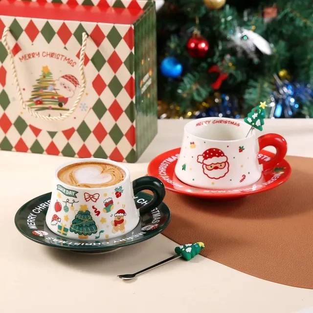YUZI Weihnachtliches Keramik Set aus Tasse und Teller mit Santa Claus Motiv - Bild 1