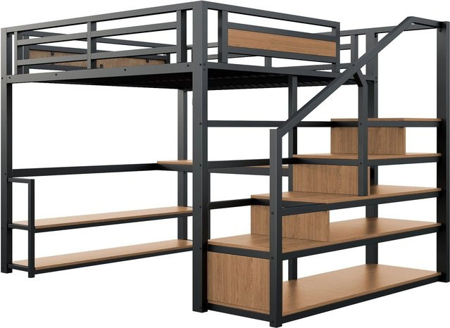 Merax Hochbett aus Metall und MDF in Schwarz mit Treppe, Regal und Tisch, B/T/H: 200 x 140 x 175 cm - Bild 1