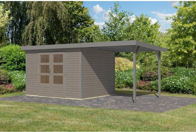 Karibu Gartenhaus Ernesto mit Anbaudach in Wassergrau/Grau, B: 298 cm, T: 209 cm, H: 242 cm - Bild 1