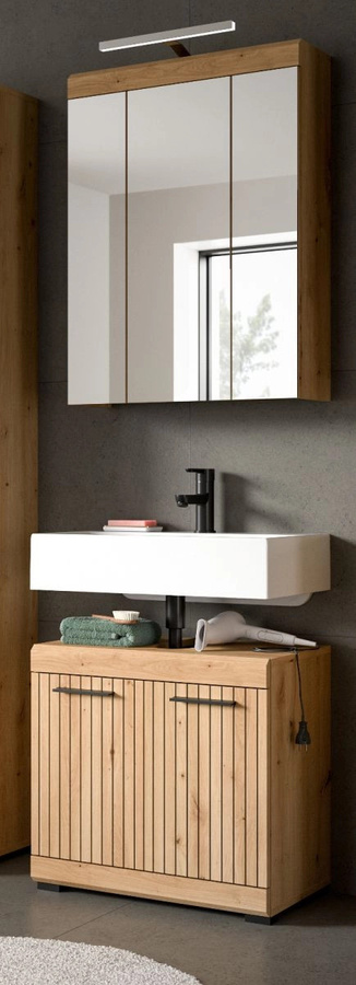 Badmöbel Set Shawn von Inn.Furn in Eiche Braun, 2-teilig mit Waschtischunterschrank und Spiegelschrank, Breite: 60 cm - Bild 1