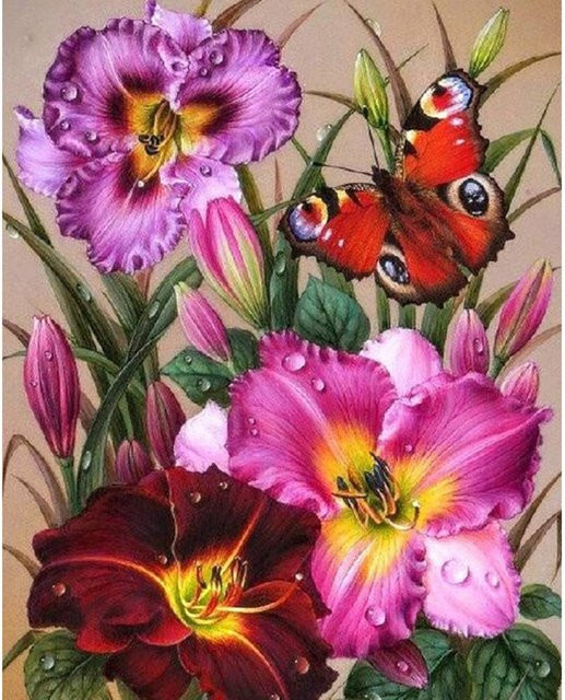 FIYO 5D-Diamantgemälde zum Selbermachen mit Schmetterlingen und Blumen in Pink und Multicolour, B/H: 20 x 30 cm - Bild 1
