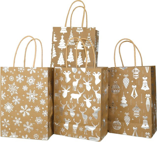 4er-Set Weihnachtsgeschenketaschen aus Kraftpapier in Gold und Silber mit Santa Claus, Weihnachtsbaum und Schneeflocken-Motiv für Weihnachten und Neujahr - Bild 1