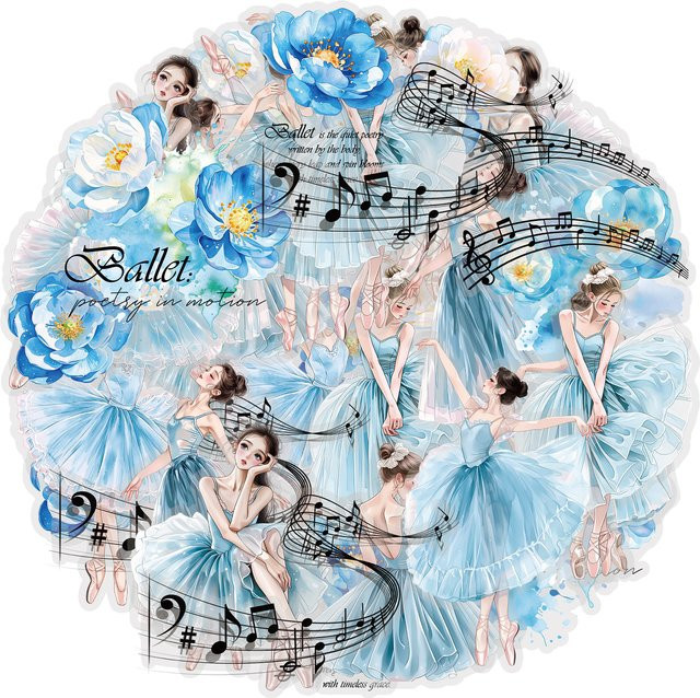 Etori Life Japanische Ballett-Journal-Sticker in Eisblau mit tanzenden Mädchen, Blumen und Musiknoten für deine Collage und DIY-Projekte - Bild 1