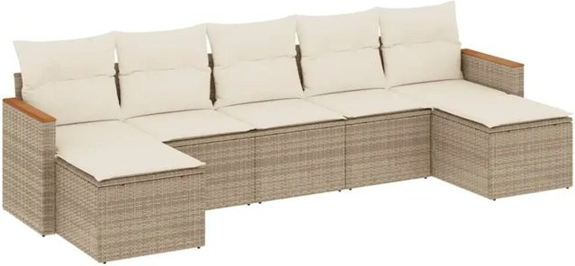 vidaXL 7-teilige Garten-Sofagarnitur aus Polyrattan in Beige mit Kissen und Akazienholz-Elementen - Bild 1