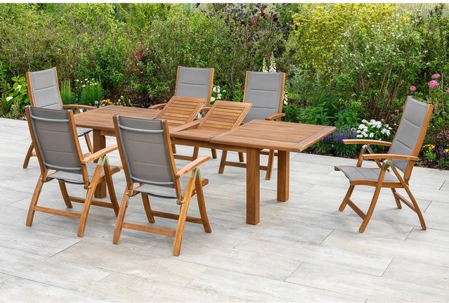 Merxx Acapulco Gartenmöbel-Set 7-teilig mit Doppelausziehtisch aus Akazienholz und Textilbespannung, Tisch B: 180 cm, H: 75 cm, T: 100 cm - Bild 1