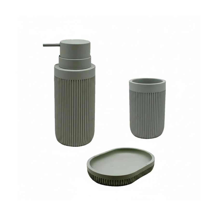 Relaxdays Badaccessoires Set aus Polyresin in Hellgrau, 3-teilig bestehend aus Seifenspender, Seifenschale und Zahnputzbecher - Bild 2
