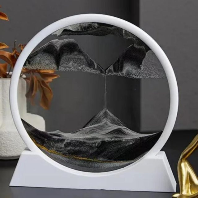 Elberta 3D-Sandkunstbild aus Glas in Weiß mit Sandlandschaft-Effekt, runde Sanduhr als abstrakte Tischdekoration - Bild 1