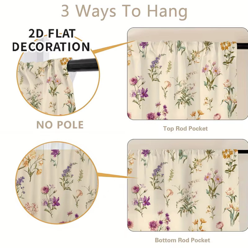 VIKAMA Küchenvorhang mit Blumen- und Blättermuster in Mehrfarbig, maschinenwaschbarer Stoffvorhang mit Rod-Pocket für Badezimmer, Wohnzimmer und Schlafzimmer - Bild 2