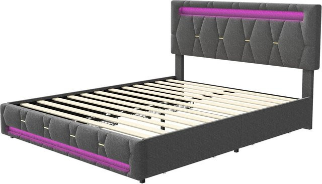 PXloue Doppelbett mit 4 Schubladen und verstellbarem Kopfteil in Grau, B/T/H: 160 x 200 x 108 cm - Bild 1