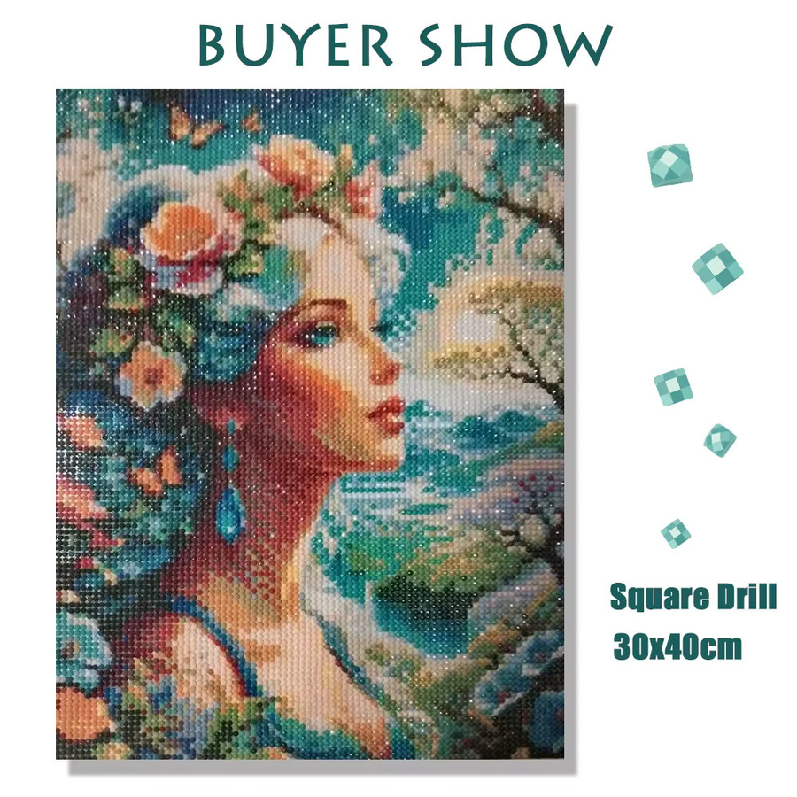 MomoArt Diamantmalerei Porträt einer Frau mit Blumenmotiven, runde Mosaik-Stickerei in Multicolour zur Wanddekoration - Bild 2