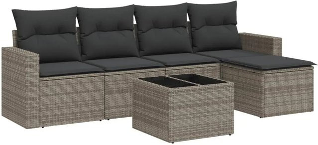 vidaXL 6-teilige Garten-Sofagarnitur aus Polyrattan in Grau mit Kissen und L-Form für Terrasse und Garten - Bild 1