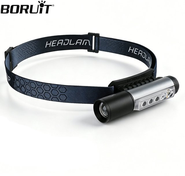 BORUiT 2-in-1 LED-Stirnlampe und Taschenlampe mit 450 Lumen, Typ-C wiederaufladbar, zoombar, 9 Modi und Magnet, Schwarz - Bild 1