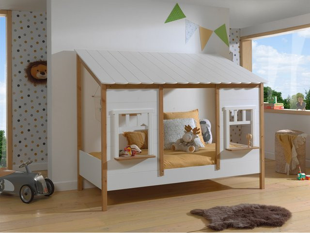 Vipack Hausbett in Landhaus-Optik aus massiver Kiefer, Farbe Braun/Weiß, Liegefläche 90 x 200 cm - Bild 1