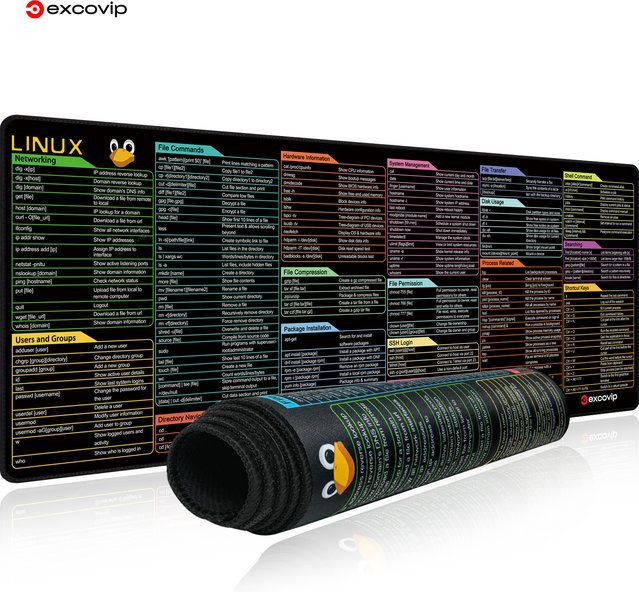 EXCO Linux Commands Line Mauspad Schwarz mit Tastenkombinationen für Red Hat Ubuntu OpenSUSE Arch Debian Unix - Bild 1