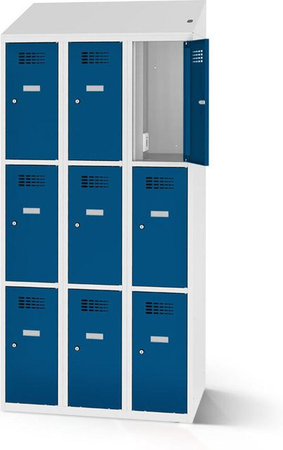 rotstahl Fächerschrank mit Ladefunktion und 9 Fächern in Dunkelblau mit lichtgrauem Korpus, B: 120 cm, H: 200 cm - Bild 1