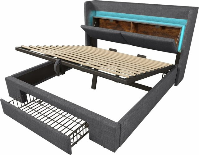 okwish Polsterbett Grau mit hydraulischem Stauraum, USB-Ladeport und Unterbettbeleuchtung, B/T/H: 180 x 200 x 191 cm - Bild 1