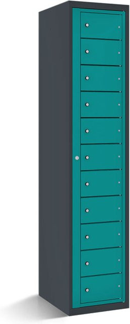 rotstahl Fächerschrank mit Zentraltür und 11 Fächern in Türkis mit anthrazitgrauem Korpus, B/T/H: 40 x 50 x 180 cm - Bild 1