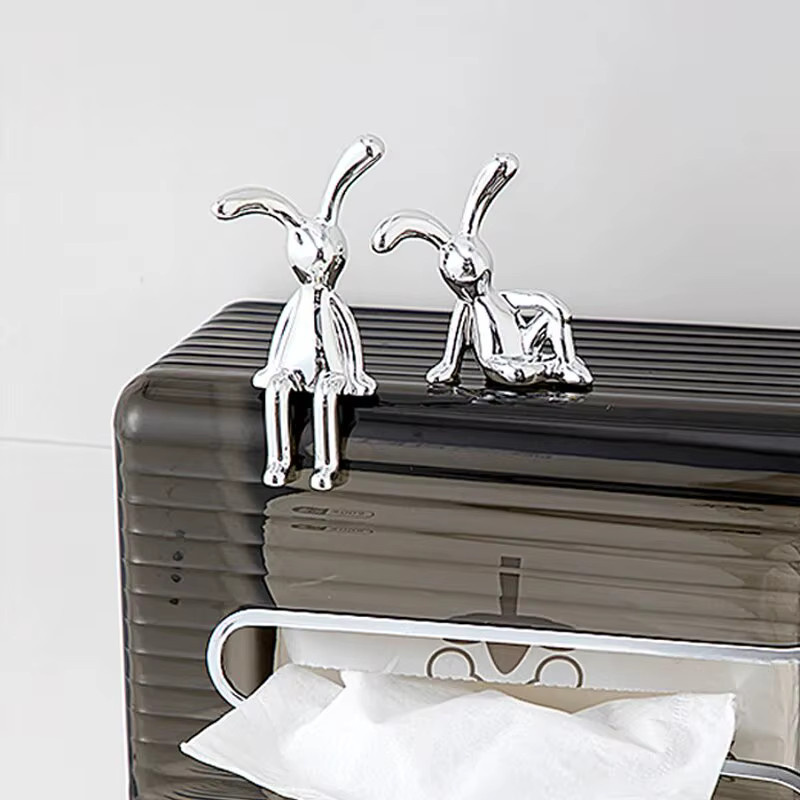 Set aus 2 dekorativen Kaninchen-Statuen im Cartoon-Stil, silberfarbene Tischdekoration für Wohnzimmer, Schlafzimmer oder Auto - Bild 3