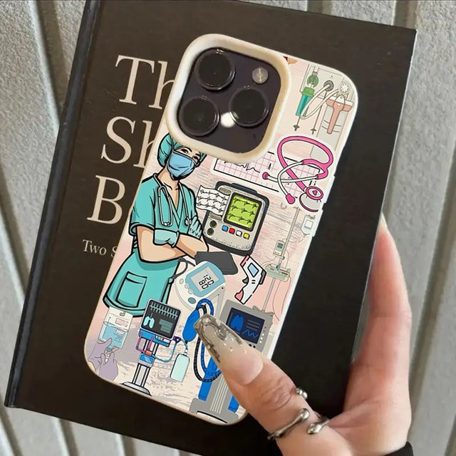 Apple Handyhülle mit Lychee-Textur und Gesundheitspersonal-Muster für iPhone 11 bis 17 Pro Max und 14 Plus, Multicolor, Soft Cover - Bild 1