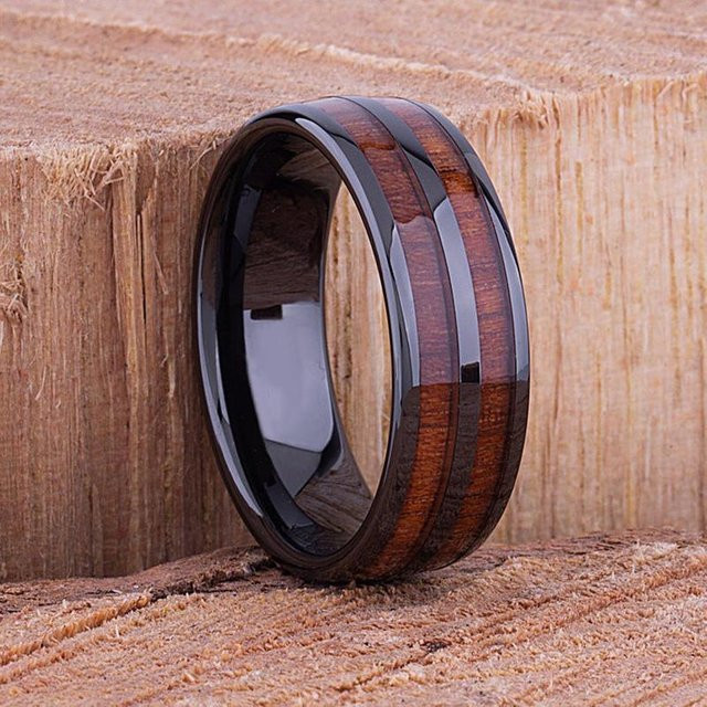 YIRAN Ring Edelstahl, Schwarz, Koa-Holz Inlay, Unisex - Bild 1