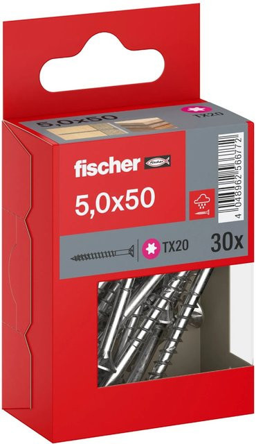 Fischer PowerFast II A2 Senkkopf TX Teilgewinde Schraube aus Edelstahl in Silber, Durchmesser: 5 mm, Länge: 50 mm, 30 Stück - Bild 1