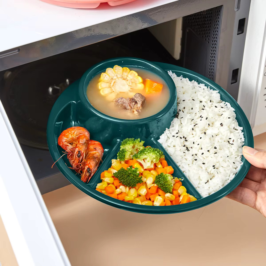 WORTHBUY Runder Salatteller aus Melamin in Pink mit Gabel und Löffel, geteilter Speiseteller für Kinder und Studenten, spülmaschinenfest und mikrowellengeeignet - Bild 4