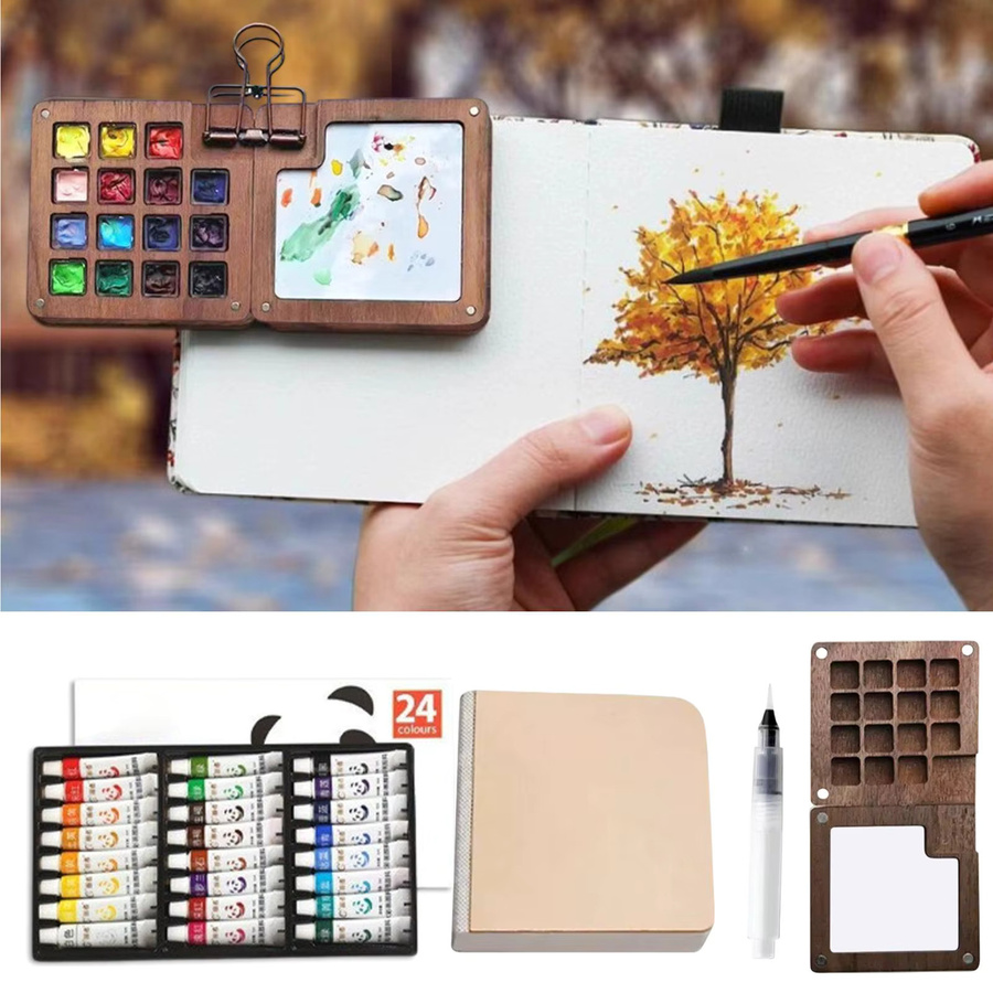Aquarell-Paletten-Set mit Holz-Malbox und Binderclips in Multicolour für Kunstliebhaber - Bild 3