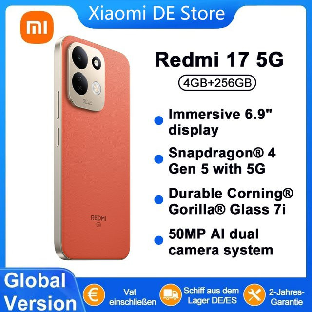 Xiaomi Redmi 17 5G Global Version Smartphone in Orange mit Snapdragon 4 Gen 5 Prozessor, 50MP AI Dual Kamera, NFC und 7500mAh Akku - Bild 1