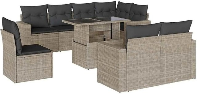 vidaXL 9-tlg. Garten-Sofagarnitur aus Poly-Rattan mit Kissen in Hellgrau und Anthrazit - Bild 1