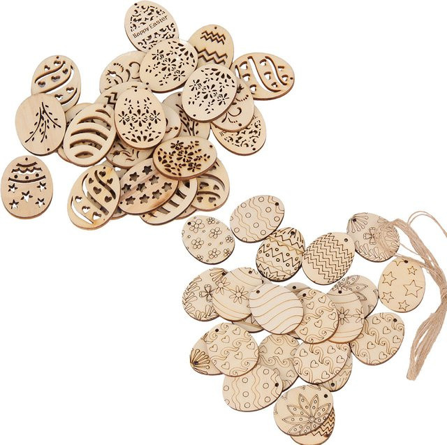 25 Stück Holz-Osterornamente in Ei- und Kaninchenform für DIY-Bastelarbeiten und Partydekoration, Beige - Bild 1