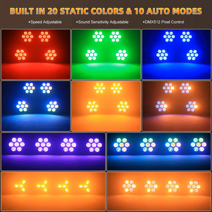 CHEGIT Professionelles COB LED Bühnenlicht mit DMX512, 7x50W Multicolour Retro Effekt für Club, Bar, Hochzeit und Festival, Schwarz - Bild 4