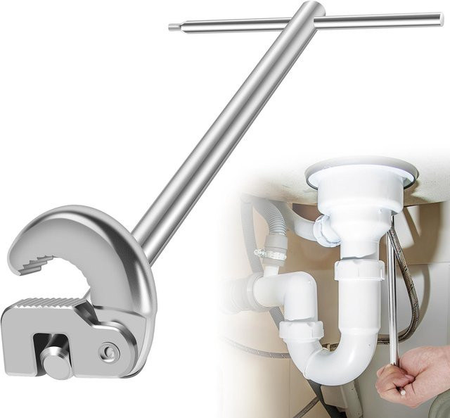 Multifunktionaler Beckenschlüssel von Home museum als verstellbarer Waschbecken-Wasserhahnschlüssel für Sanitär-Reparaturen und Wasserleitungen in Silber - Bild 1