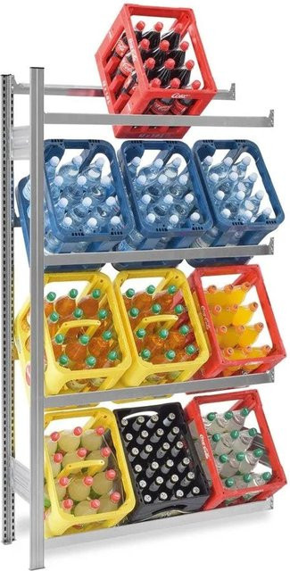 PROREGAL Getränkekistenregal Stecksystem T-Profil aus verzinktem Stahl, 4 Ebenen, H x B x T: 175 x 100 x 30 cm, Fachlast 100 kg, Farbe: Silber - Bild 1