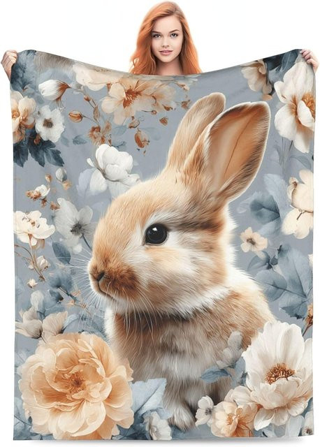 Gemütliche Fleece-Schoßdecke mit Frühlings-Blumen-Hasen-Motiv von JMG Household Supplies, Mehrfarbig, Breite: 70 cm, Tiefe: 100 cm - Bild 1