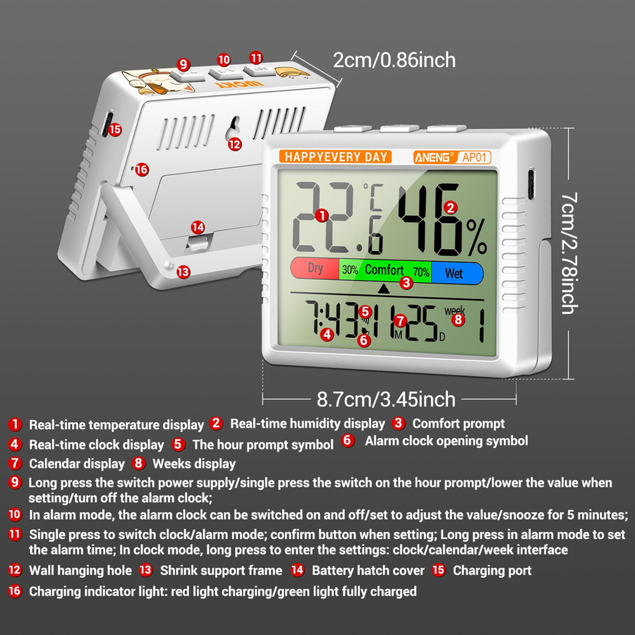 CosyHome Multifunktionales Thermometer Hygrometer mit Weckerfunktion und integriertem Akku, Schwarz - Bild 6