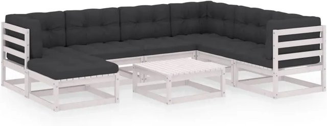 vidaXL 8-teiliges Garten-Lounge-Set L-Form aus massivem Kiefernholz mit weißen Polsterkissen - Bild 1