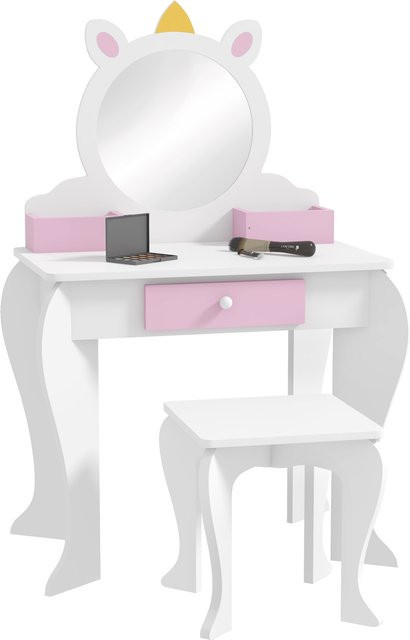 ZONEKIZ Kinder-Schminktisch mit Hocker und Spiegel in Weiß mit Einhorn-Design und Schubladen für Mädchen von 3 bis 6 Jahren - Bild 1