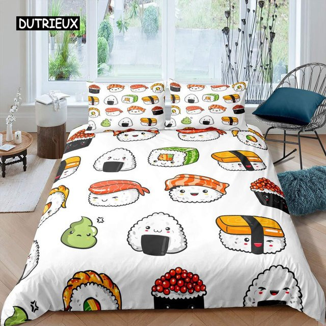 Wucifang Bags Sushi Bettbezug-Set aus Mikrofaser mit niedlichem Cartoon-Sushi-Print, King Size, B: 155 cm, H: 215 cm, 3-teilig - Bild 1