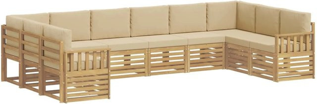 vidaXL Outdoor-Sofagarnitur 7-teilig in L-Form aus Akazienholz mit Polstern in Weiß und Beige, B/T/H: 363 x 187,5 x 73 cm - Bild 1
